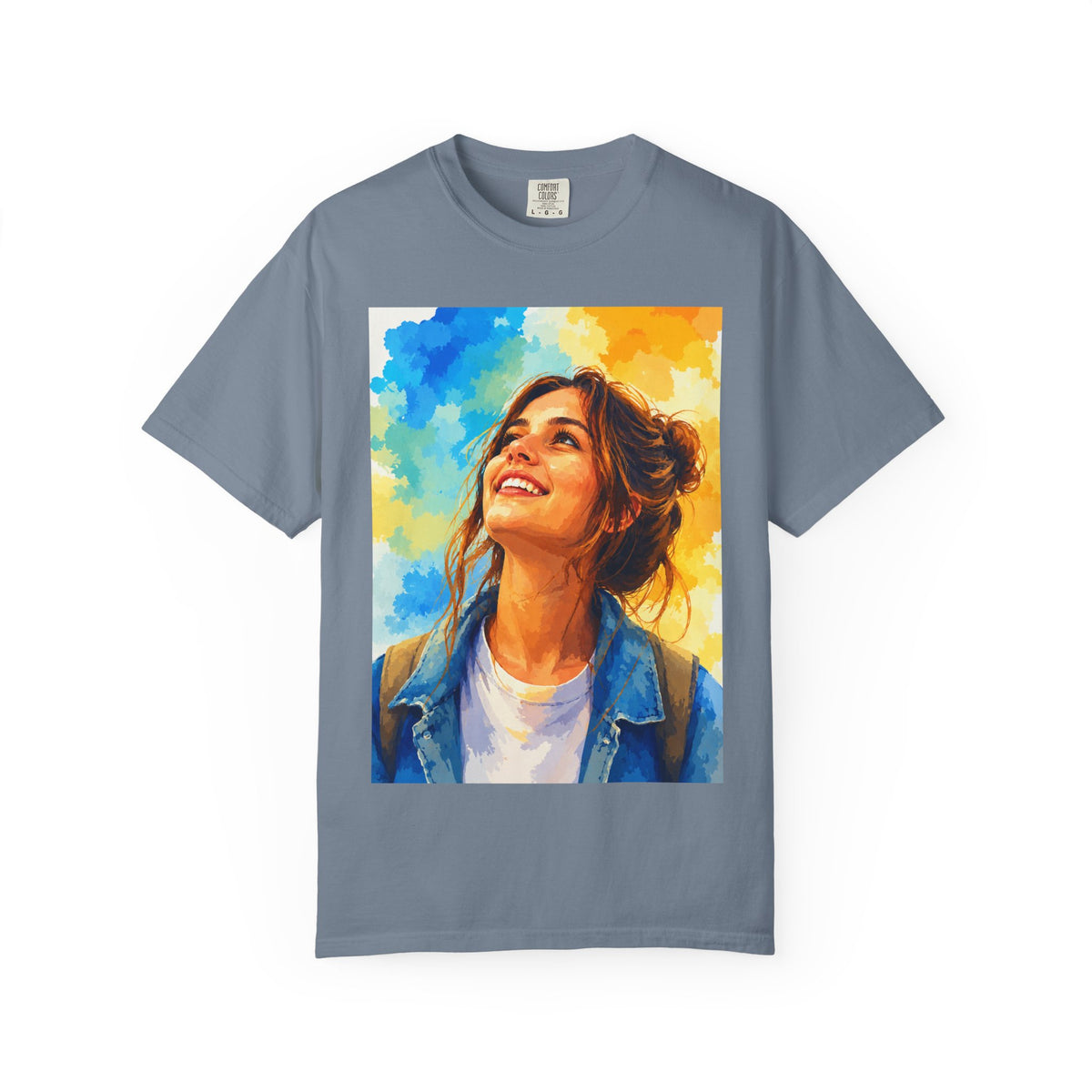 Camiseta con retrato — Ilustración de una mujer sonriente y colorida