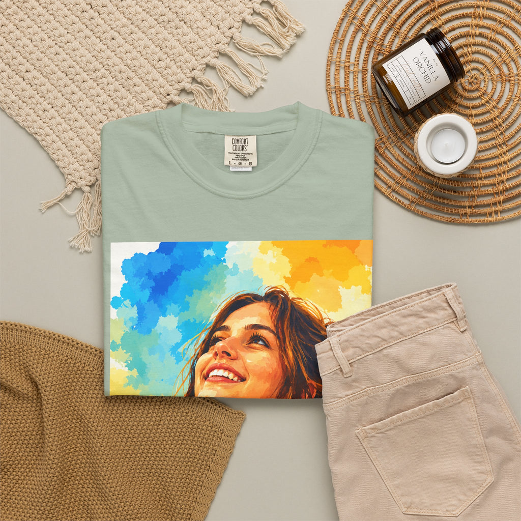 Camiseta con retrato — Ilustración de una mujer sonriente y colorida