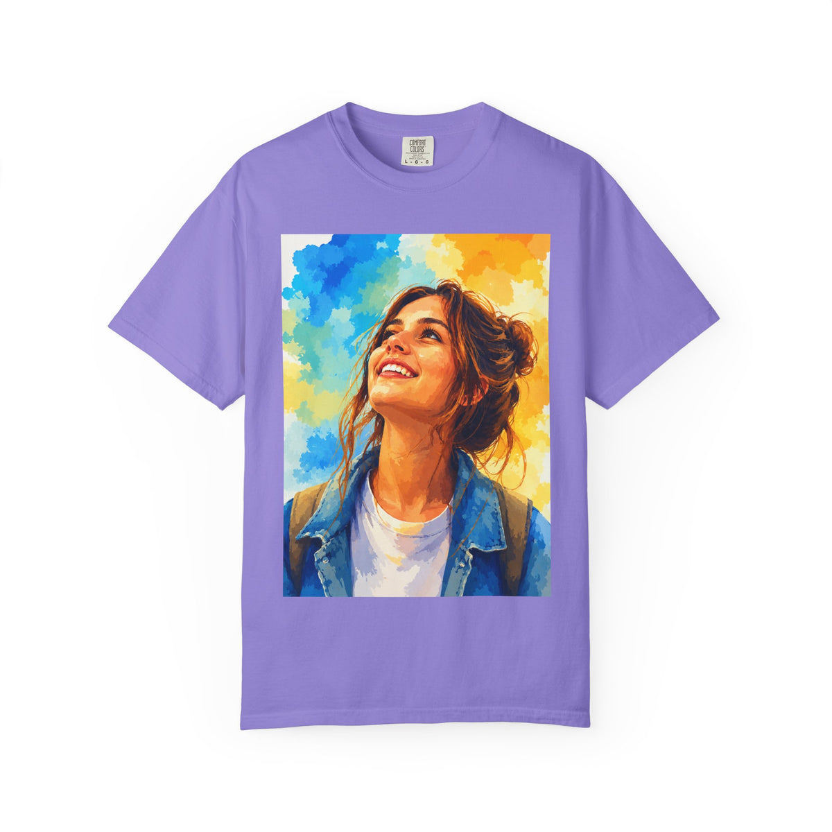 Camiseta con retrato — Ilustración de una mujer sonriente y colorida