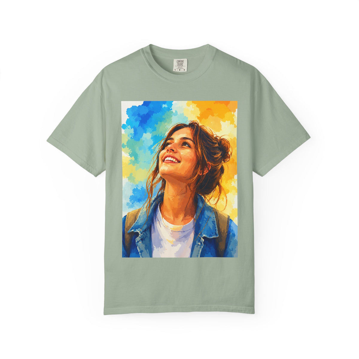 Camiseta con retrato — Ilustración de una mujer sonriente y colorida
