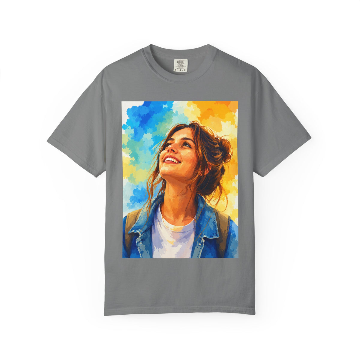 Camiseta con retrato — Ilustración de una mujer sonriente y colorida