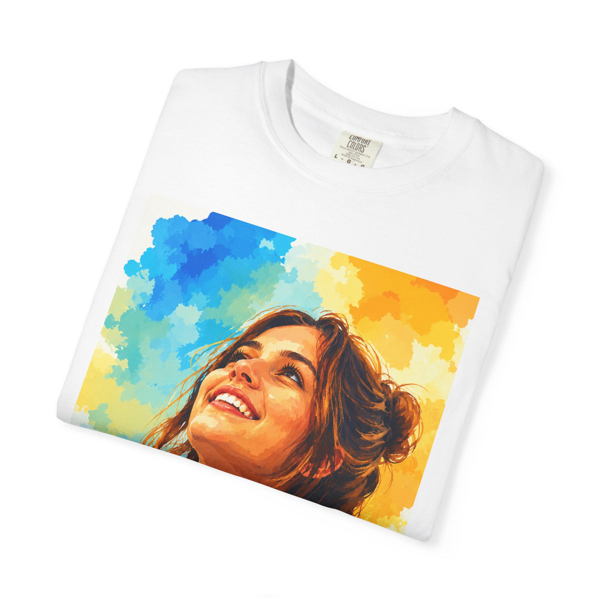Camiseta con retrato — Ilustración de una mujer sonriente y colorida