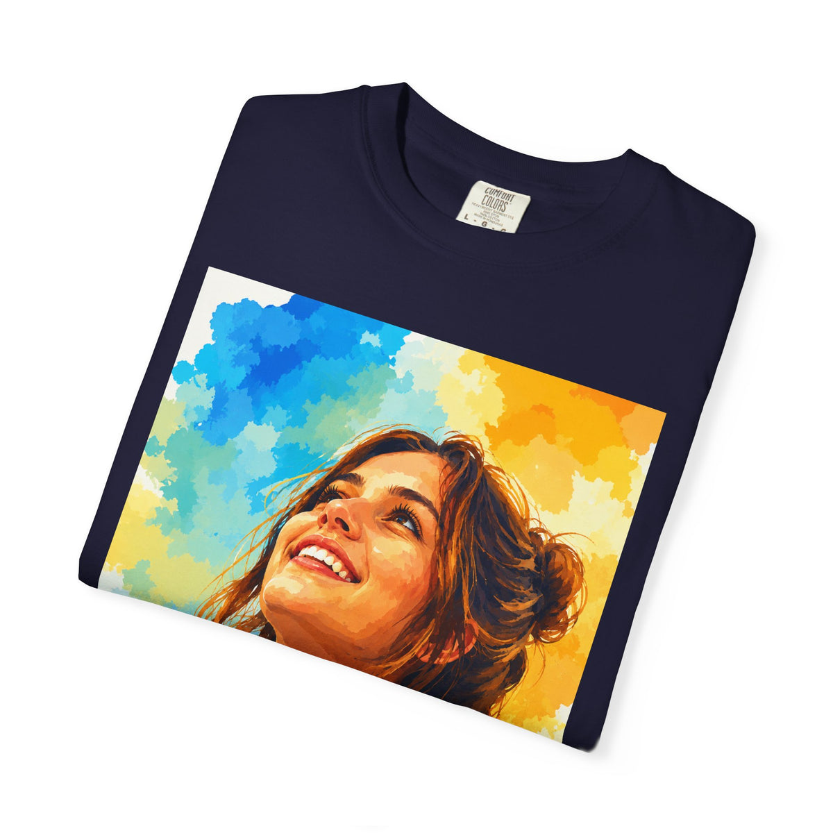 Camiseta con retrato — Ilustración de una mujer sonriente y colorida