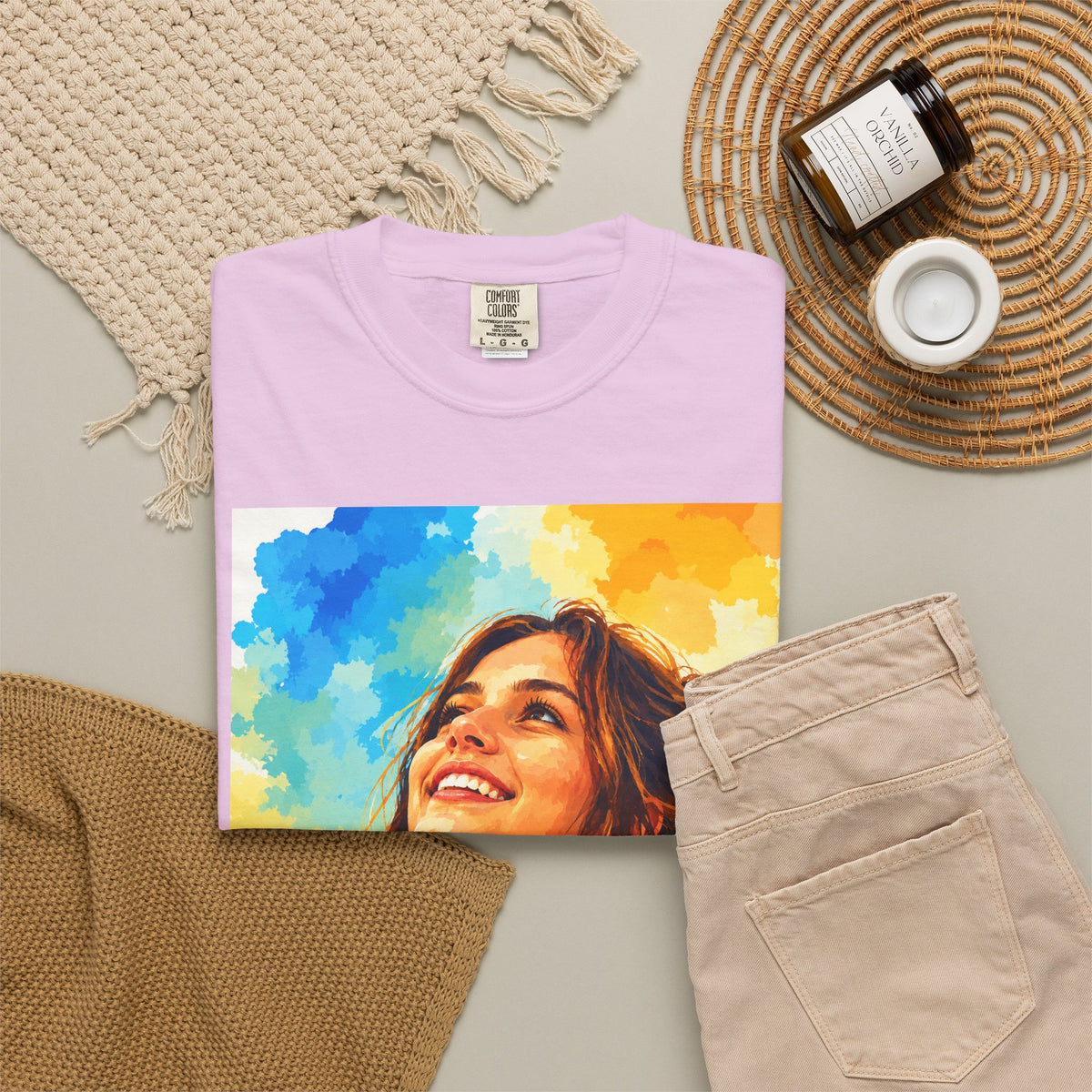 Camiseta con retrato — Ilustración de una mujer sonriente y colorida