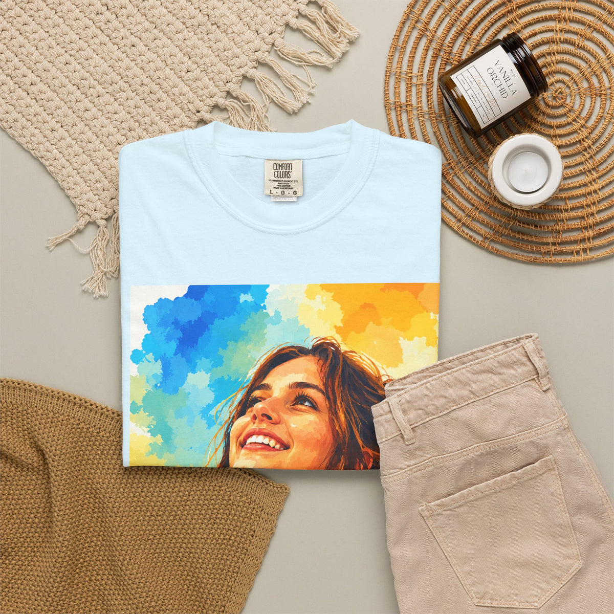 Camiseta con retrato — Ilustración de una mujer sonriente y colorida