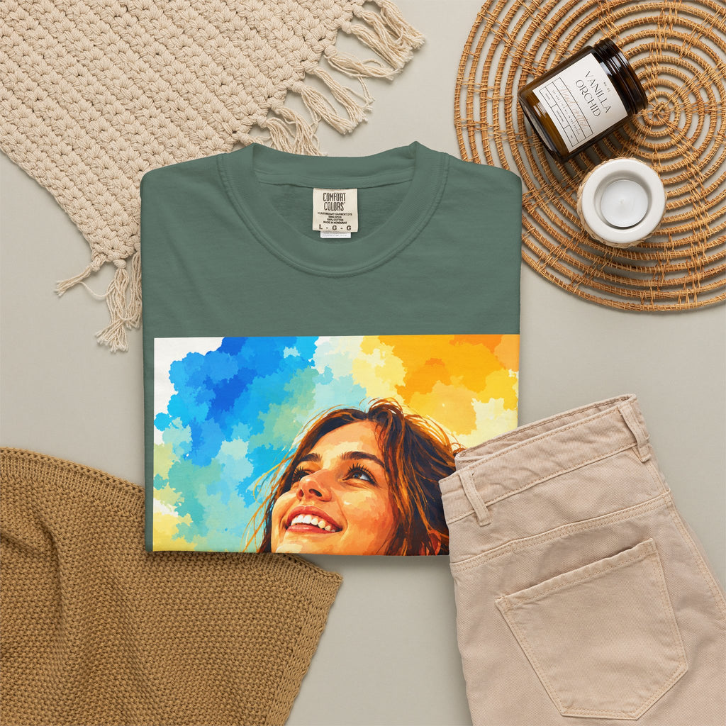 Camiseta con retrato — Ilustración de una mujer sonriente y colorida