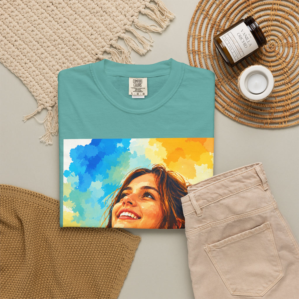 Camiseta con retrato — Ilustración de una mujer sonriente y colorida