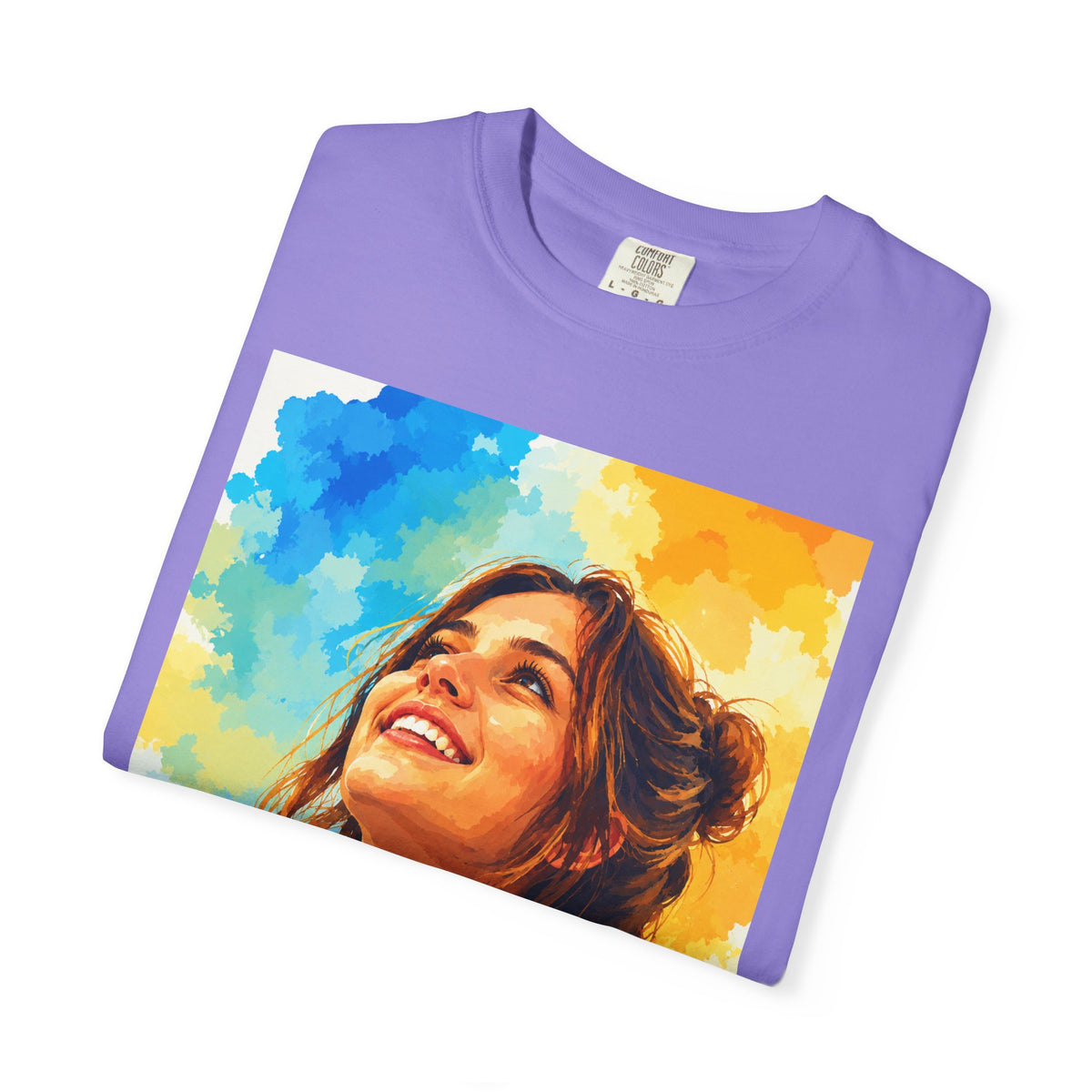 Camiseta con retrato — Ilustración de una mujer sonriente y colorida