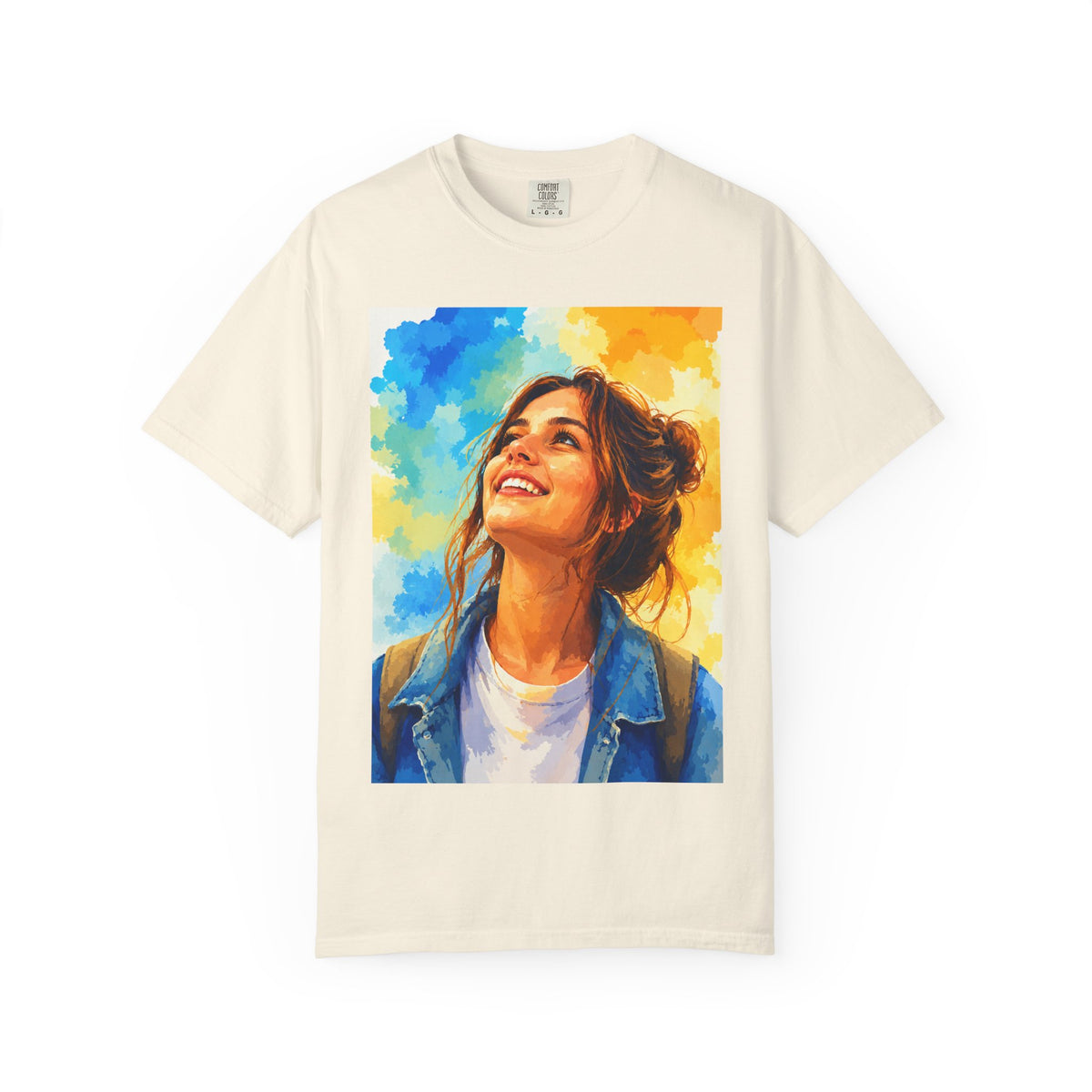 Camiseta con retrato — Ilustración de una mujer sonriente y colorida