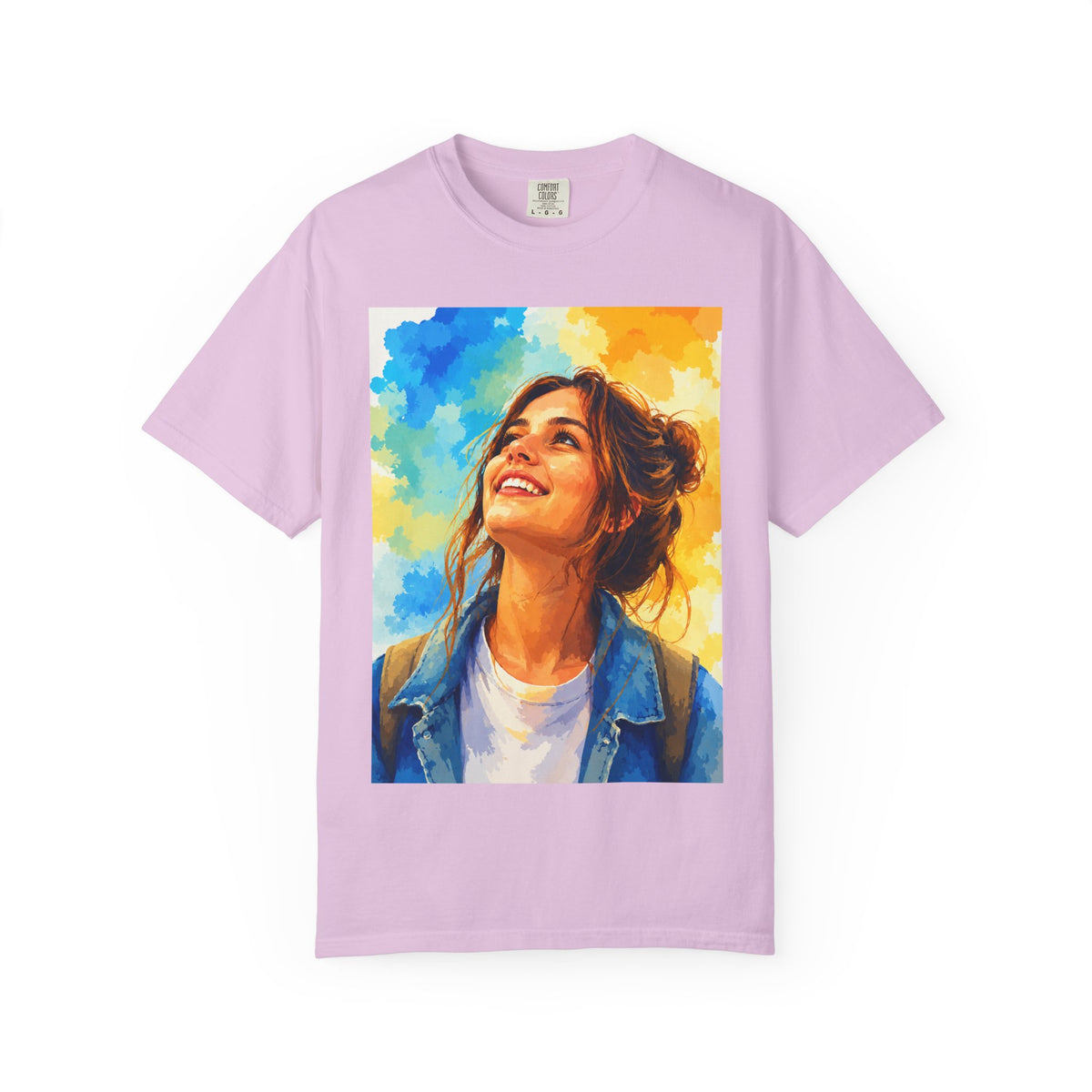Camiseta con retrato — Ilustración de una mujer sonriente y colorida