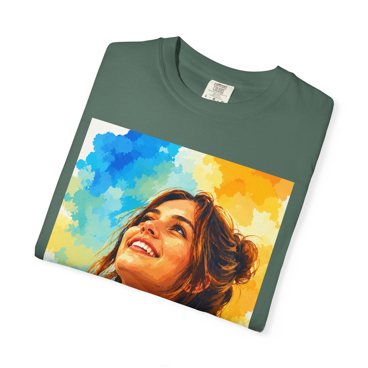 Camiseta con retrato — Ilustración de una mujer sonriente y colorida