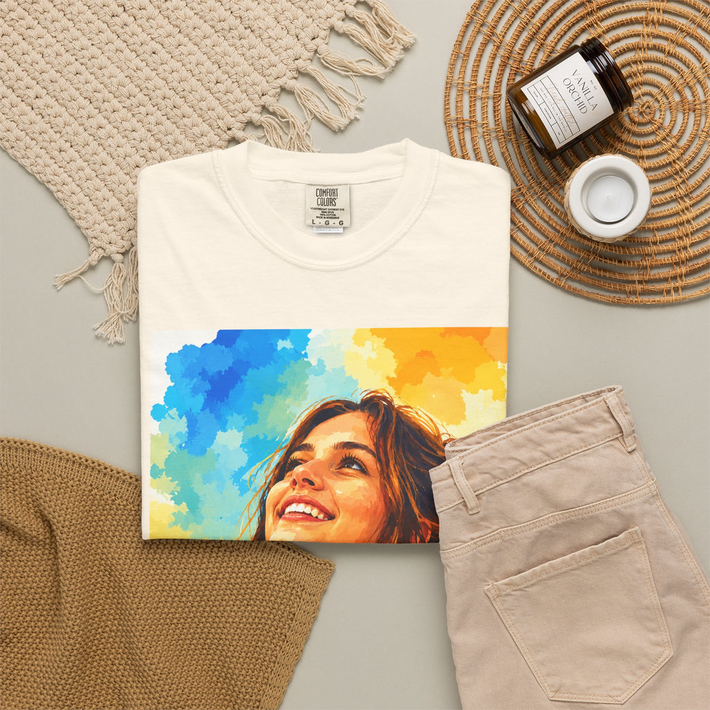 Camiseta con retrato — Ilustración de una mujer sonriente y colorida