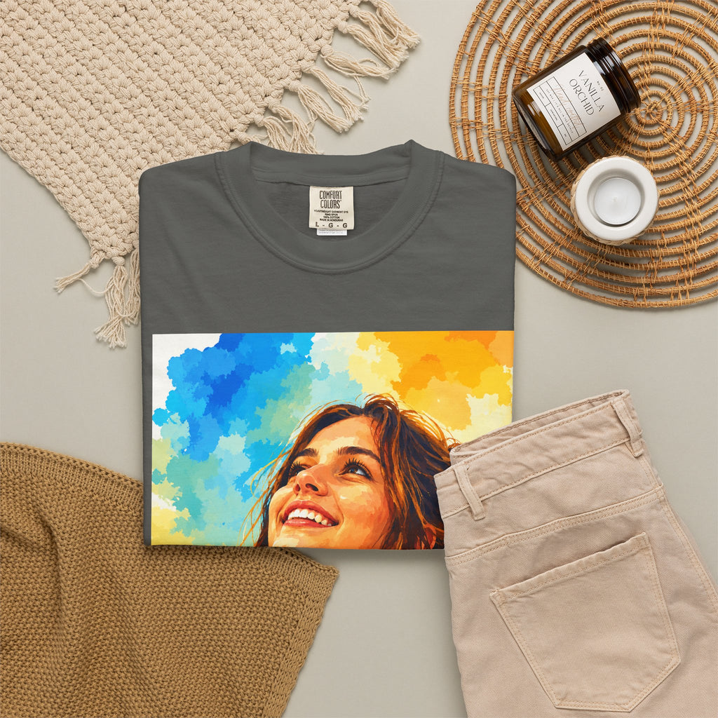 Camiseta con retrato — Ilustración de una mujer sonriente y colorida