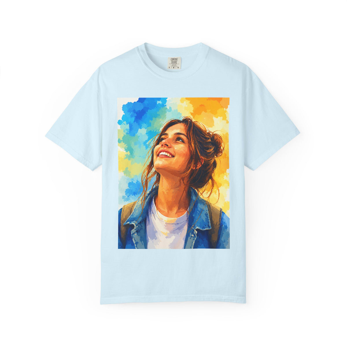 Camiseta con retrato — Ilustración de una mujer sonriente y colorida