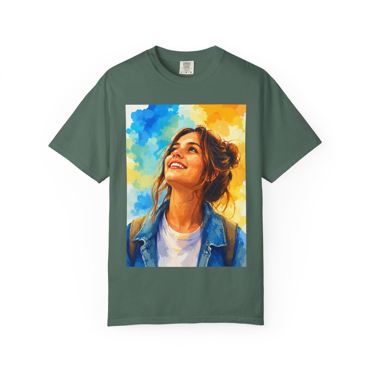 Camiseta con retrato — Ilustración de una mujer sonriente y colorida