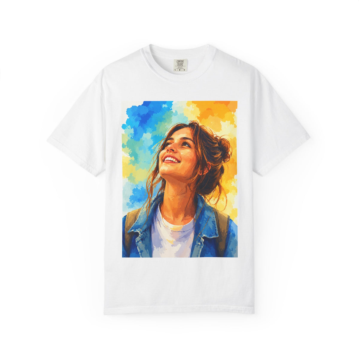Camiseta con retrato — Ilustración de una mujer sonriente y colorida