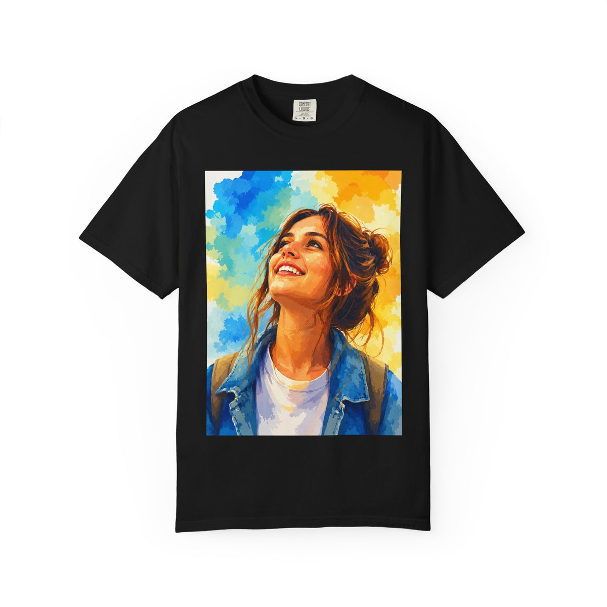 Camiseta con retrato — Ilustración de una mujer sonriente y colorida