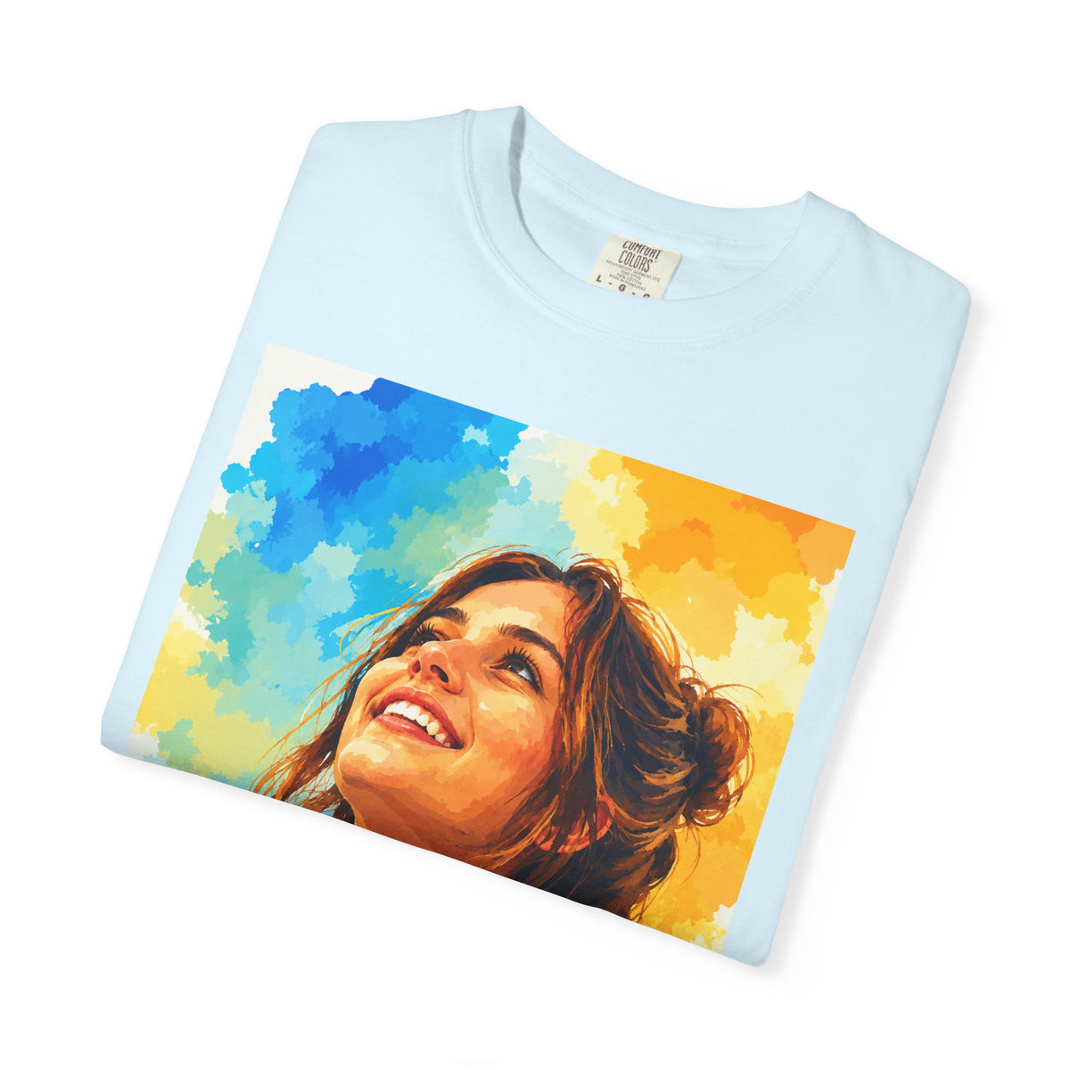 Camiseta con retrato — Ilustración de una mujer sonriente y colorida