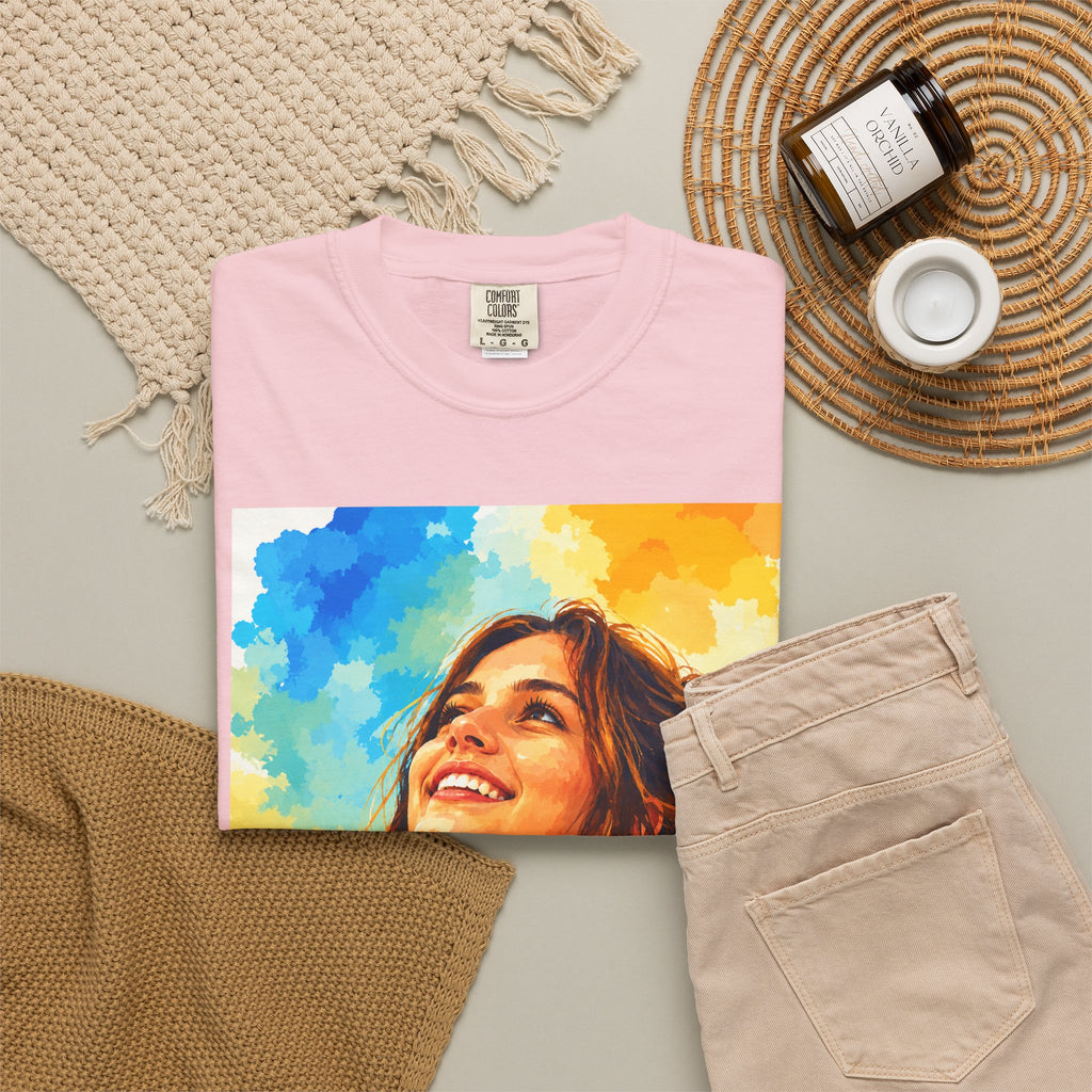 Camiseta con retrato — Ilustración de una mujer sonriente y colorida