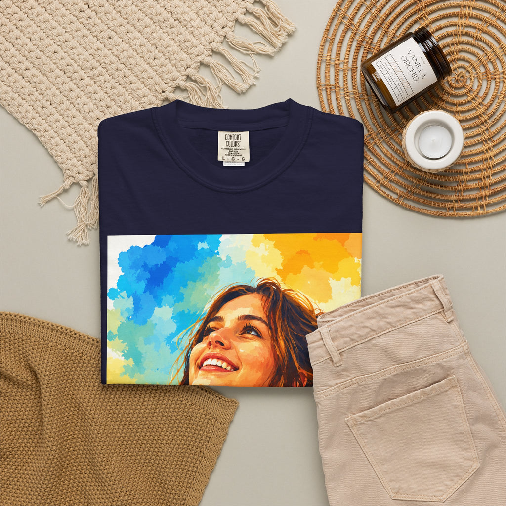 Camiseta con retrato — Ilustración de una mujer sonriente y colorida