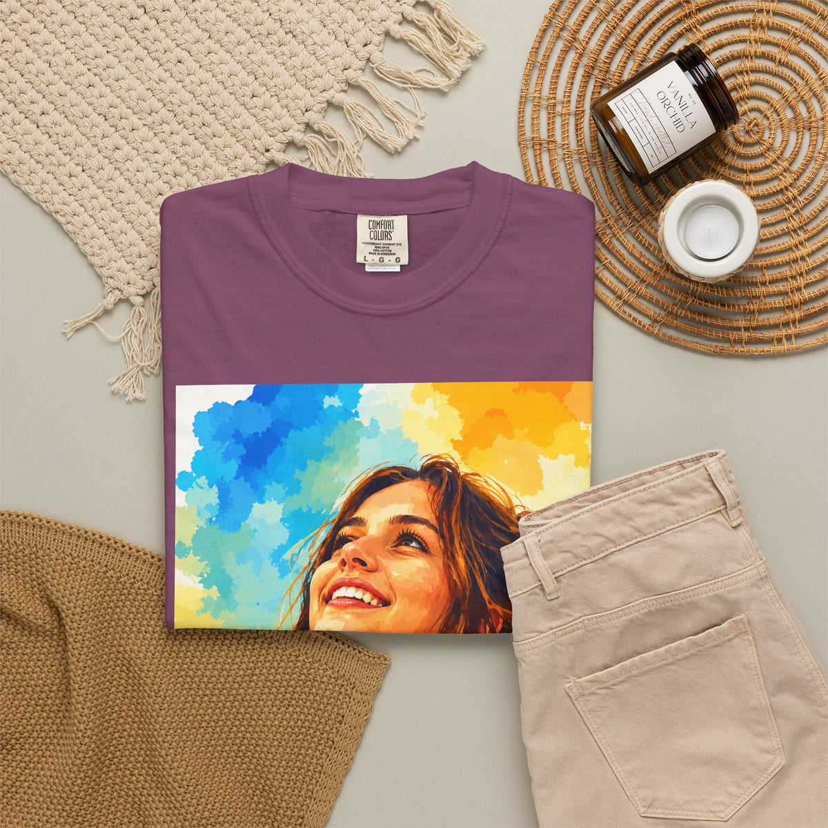 Camiseta con retrato — Ilustración de una mujer sonriente y colorida