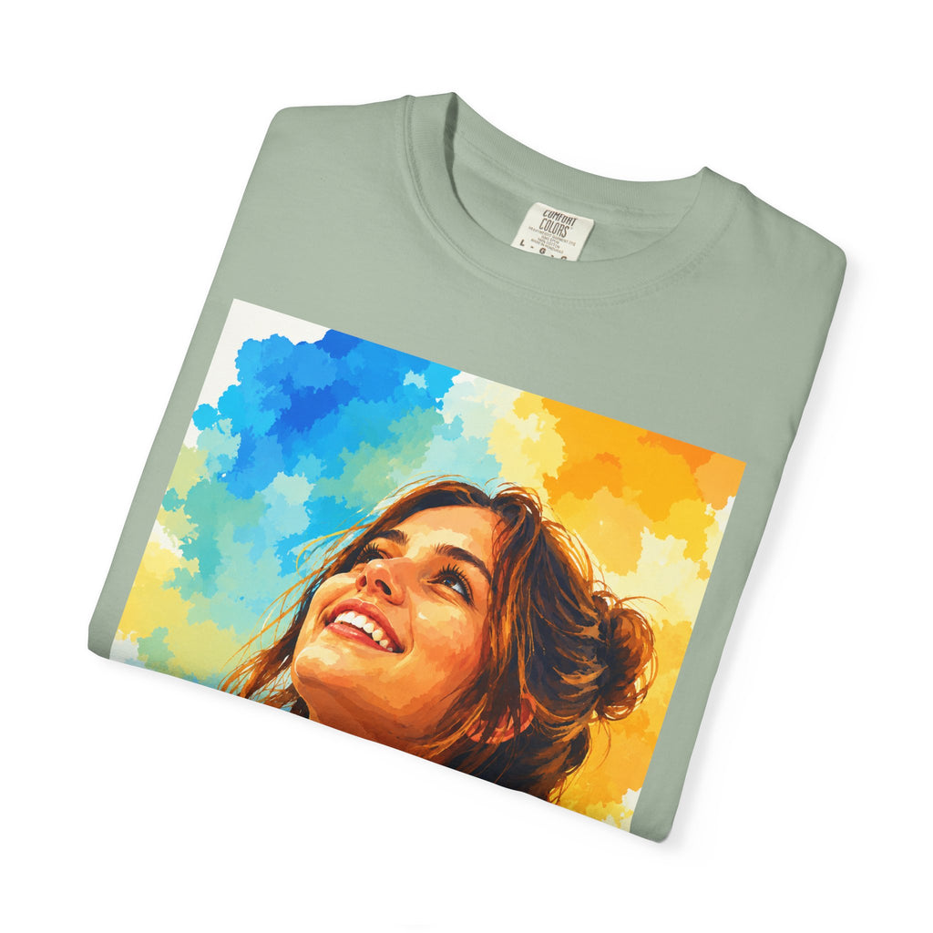 Camiseta con retrato — Ilustración de una mujer sonriente y colorida