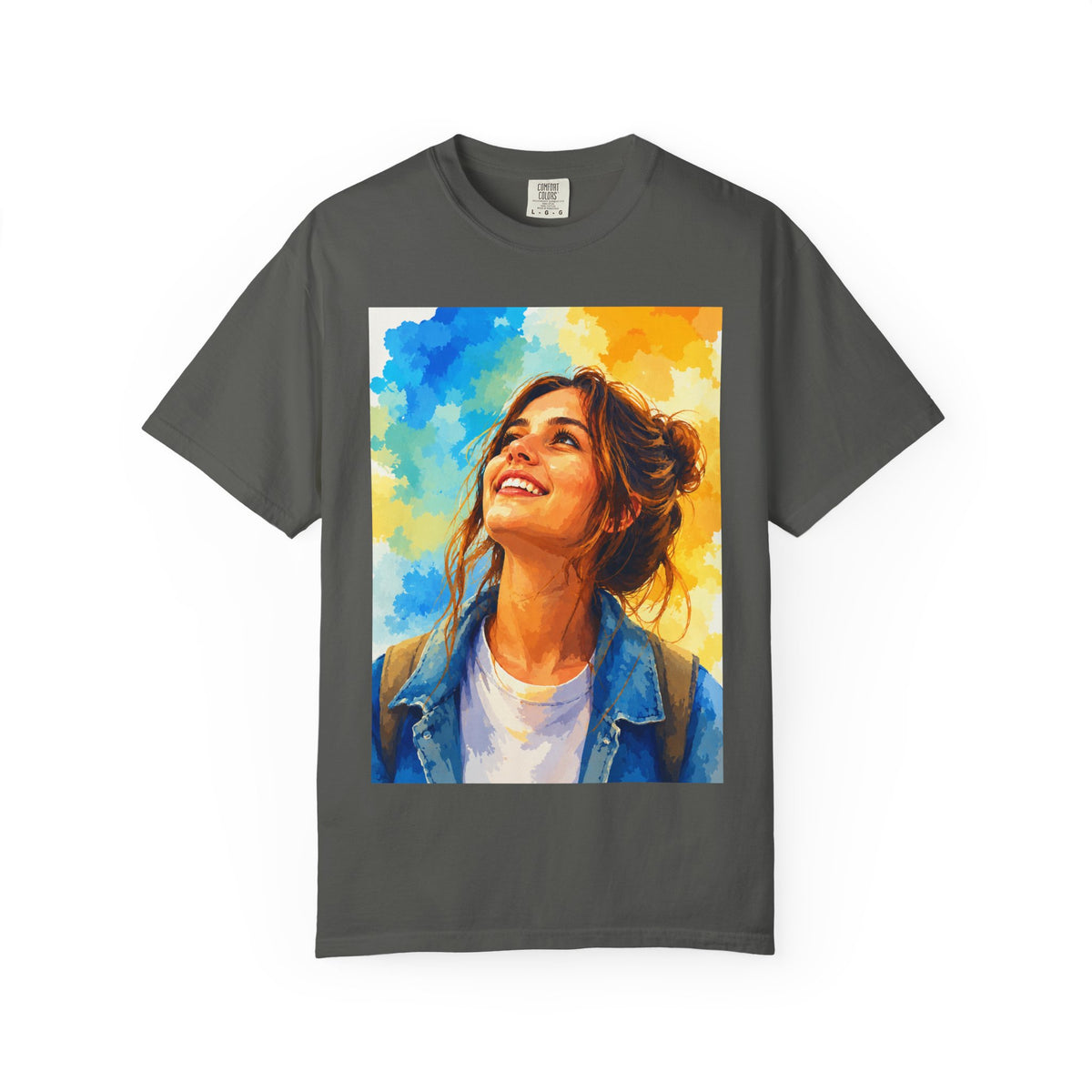 Camiseta con retrato — Ilustración de una mujer sonriente y colorida