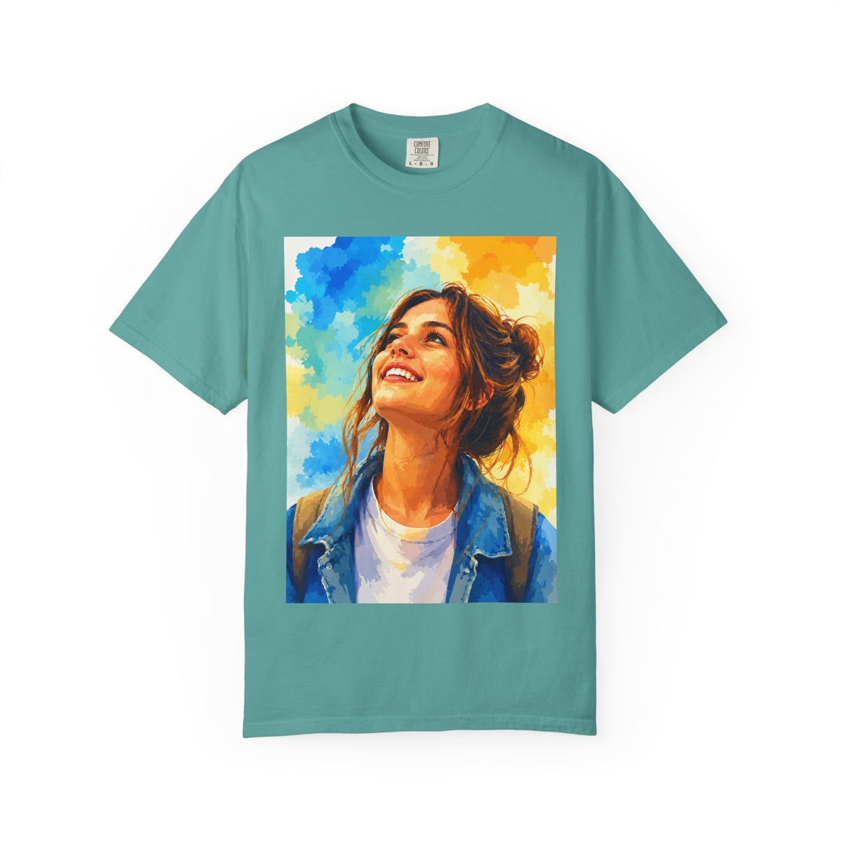 Camiseta con retrato — Ilustración de una mujer sonriente y colorida